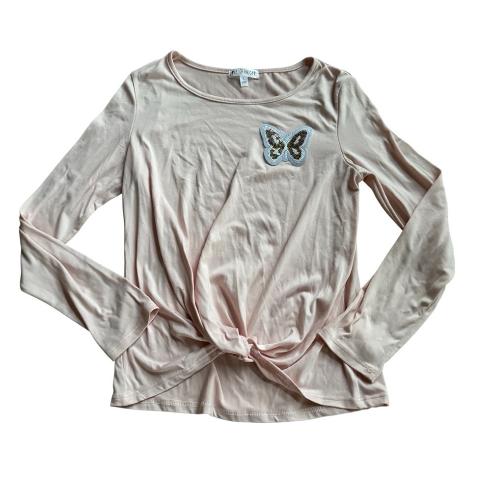 Love Glam Girl Pink Soft Top Long Sleeve Sequin Butterfly Front Tie Girls L NWT